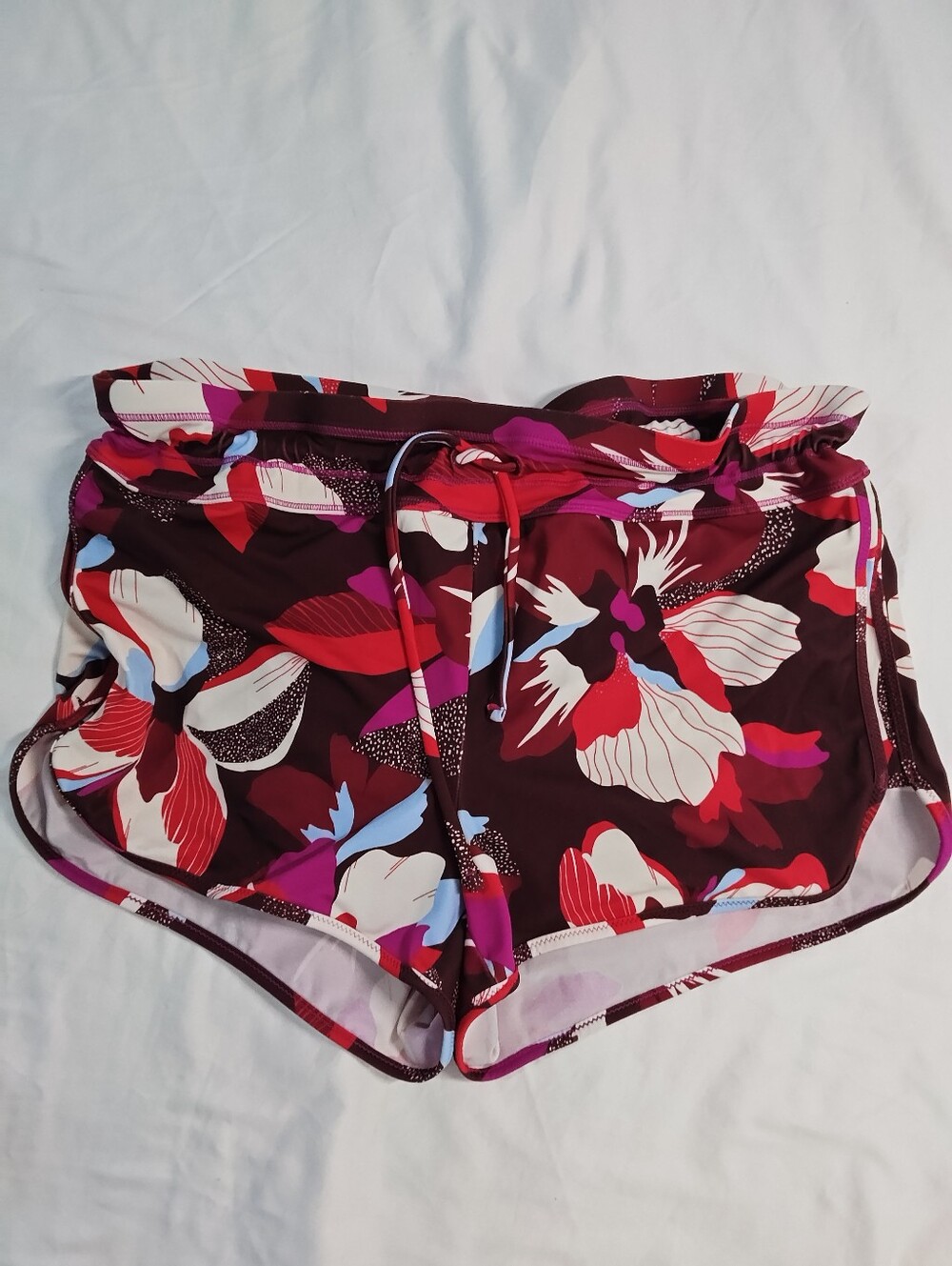 Athleta Surge Swim Shorts Drawstring Lined Brown & Red Floral, Size L